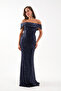 Women's Navy Blue Slim Fit Madonna Collar Sequin Long Evening Dress - 2