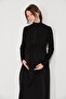 Maternity Lace-Up Waist Long Sleeve Midi Length Dress Black - 7