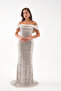 Women's Beige Slim Fit Madonna Collar Sequin Long Evening Dress - 4