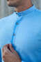 Blue Judge Collar Half Pat Lycra Linen Texture Cotton Slim Fit Men's Shirt - 3