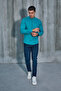 Petrol Green Judgment Collar Half Pat Lycra Linen Texture Cotton Slim Fit Men's Shirt - 7