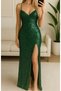 Women's Strap Slit Pulp Sequin Fabric Back Low-Cut Back Mesh Drawstring Zipper Long Length Evening Dress