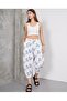 Women's Blue Large Daisy Patterned Linen Balloon Pants with Elastic Waist and Double Pockets