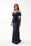 Women's Navy Blue Slim Fit Boat Neck Short Sleeve Sequined Long Evening Dress - 3