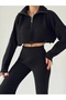 Women's Black Half Zipper Stand Collar Crop Sweater Pants Bottom Top Thick Knitwear Set - 4