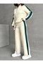 Women's Chic Striped Detail Ecru Sweater Palazzo Pants Bottom and Top Two-Piece Knit Set - 6