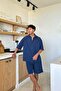Elastic Waist Linen Shorts Navy Blue - 3