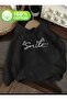 Smile Print Detailed Hooded Sweatshirt with Fleece Inside