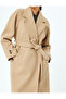 Double Breasted Long Stamp Coat with Pockets and Belt - 6
