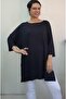 Navy Blue Boat Neck Batwing Three-Quarter Sleeve Side Slit Loose Combed Viscose T-Shirt - 7