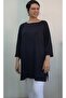 Navy Blue Boat Neck Batwing Three-Quarter Sleeve Side Slit Loose Combed Viscose T-Shirt