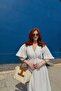 Women's V-Neck Ecru Muslin Fabric Short Sleeve Dress - 5