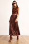 Women's Brown Hidden Zipper Satin Flowy Midi Skirt Etk-19000350