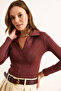 Women's Brown Polo Neck Hidden Zipper Interlock Blouse Blz-19003091 - 6
