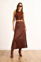 Women's Brown Hidden Zipper Satin Flowy Midi Skirt Etk-19000350 - 2