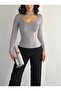 Women's Gray U-Neck Long Sleeve Blouse - 4