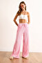 Women's Pink Textured Elastic Waist Draped Trousers with Pockets Pnt-19000333 - 4