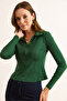Women's Emerald Green Polo Neck Hidden Zipper Interlock Blouse Blz-19003091 - 5