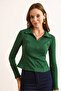 Women's Emerald Green Polo Neck Hidden Zipper Interlock Blouse Blz-19003091 - 3