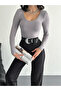 Women's Gray U-Neck Long Sleeve Blouse