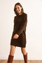Women's Bitter Brown Sleeve Ribbed Front Braided Hair Knitwear Tunic Dress Elb-19002532 - 4