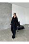 Women's Black Relaxed Fit Zippered Oversize Bottom and Top Double Knitwear Set