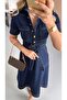 Stitch Detail Half Sleeve Navy Blue Bell Denim Dress - 2