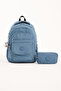 Set of 2 Premium Waterproof Crinkle Fabric High School and Middle School Backpack + Pen Holder, Blue +1 - 2