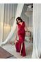 Burgundy V-Neck Draped Satin Evening Dress - 2