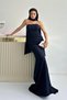Navy Blue Strapless Evening Dress with Shawl Collar Detail