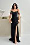 Black Beaded Strapless Evening Dress with Sleeve Detail