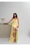 Yellow Strapless Draped Satin Evening Dress - 3
