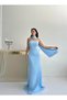 Baby Blue Shawl Collar Detailed Strapless Evening Dress - 2