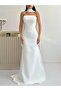 White Shawl Collar Detailed Strapless Evening Dress - 4