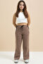 Brown Bow Printed Wide Leg Girls' Ribbed Sweatpants 21434