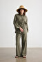 Khaki Beaded Detail Viscose Linen Shirt - 4