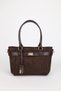 Women's Brown Suede Belt and Lock Charm Detail Zip-Closure Hand and Shoulder Bag Lotus