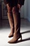 Stylish Heeled Below-The-Knee Pointed Toe Zippered Suede Women's Boots Bitter Brown Suede - 4