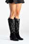 Norivona Black Genuine Suede Stylish Cowboy Boots with Embroidery Detail - 5