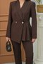 Women's Two-Piece Blazer Jacket and Pants Set with Pleat and Button Detail, Straight Leg - 6