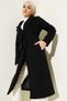 Women's Black Lined Pocketed Long Oversized Melton Coat with Belt - 4