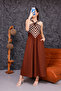 Women's Coffee-White Patterned Long Dress with Shoulder Tie Detail