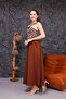 Women's Coffee-White Patterned Long Dress with Shoulder Tie Detail - 5
