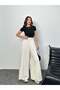 Modal Fabric Wide Leg Palazzo Pants with Elastic Waistband and Battery Detail on the Back 8903 - White