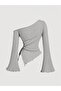 Women's Gray Asymmetrical One-Shoulder Knitwear Blouse – Spanish Sleeve, Drawstring Detail - 3