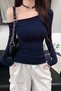 Navy Blue Women's Off Shoulder Boat Neck Slim Fit Long Sleeve T-Shirt - 4