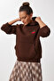 Hooded Embroidered Ribbed Knitted Sweatshirt Lzv0025 Brown - 2