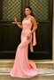 Atlas Fabric Strapless Evening Dress with Shawl Detail - Pink - 2