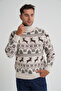 Trist Star Men's Beige Full Fishman Collar Jacquard Deer Wool Christmas Sweater Trist-5361 - 2
