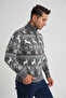 Trist Star Men's Dark Grey Short Zip-Up Standing Collar Jacquard Deer Wool Christmas Sweater Trist-5362 - 2